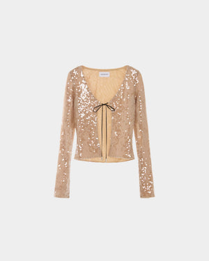 16Arlington Elin cardigan in champagne sequin fabric, designed in a minimal silhouette with a cropped bodice, long fitted sleeves and front tie detailing, ideal for evening wear, party styling and special occasions from a luxury British designer brand.