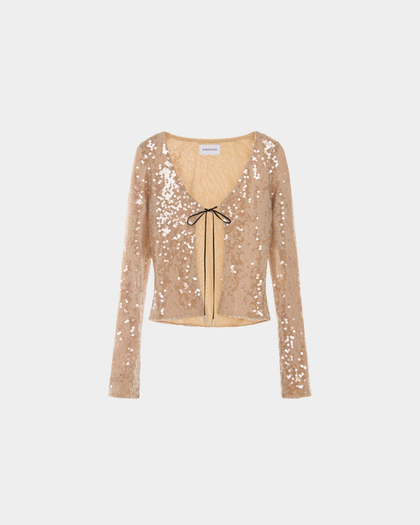 16Arlington Elin cardigan in champagne sequin fabric, designed in a minimal silhouette with a cropped bodice, long fitted sleeves and front tie detailing, ideal for evening wear, party styling and special occasions from a luxury British designer brand.