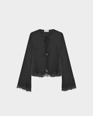 16Arlington Filipa cardigan in black satin, designed in a sleek silhouette with a relaxed fit, featuring flared sleeves and scalloped lace trim with branded metal-tipped ties for added detail, ideal for evening styling, occasion wear and elevated everyday dressing from a luxury British designer brand.