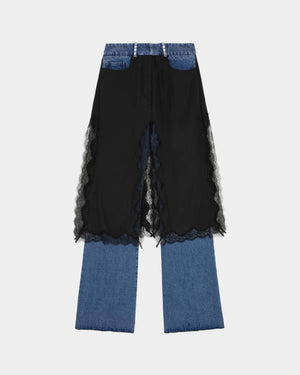 16Arlington Kia trouser in blue denim, designed in a bootcut silhouette with a satin skirt overlay, combining classic denim with a modern tailored finish, ideal for party, events and elevated casual dressing from a luxury British designer brand.