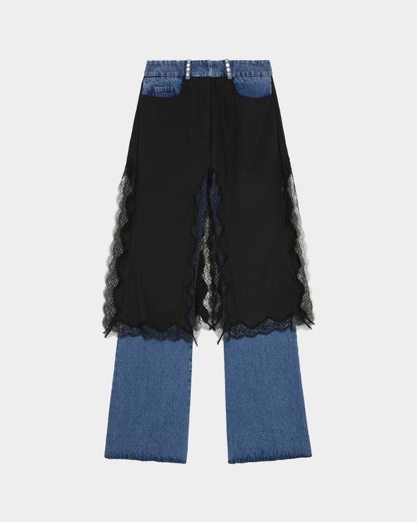 16Arlington Kia trouser in blue denim, designed in a bootcut silhouette with a satin skirt overlay, combining classic denim with a modern tailored finish, ideal for party, events and elevated casual dressing from a luxury British designer brand.