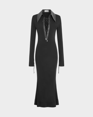 16Arlington Talia midi dress in black smooth jersey with long sleeves, a plunging V-neck framed by dark chocolate leather collar and branded metal-tipped lace-up. Inspired by modern tailoring, this dress is suited to elevated daytime occasions and evening events from a luxury British designer brand.