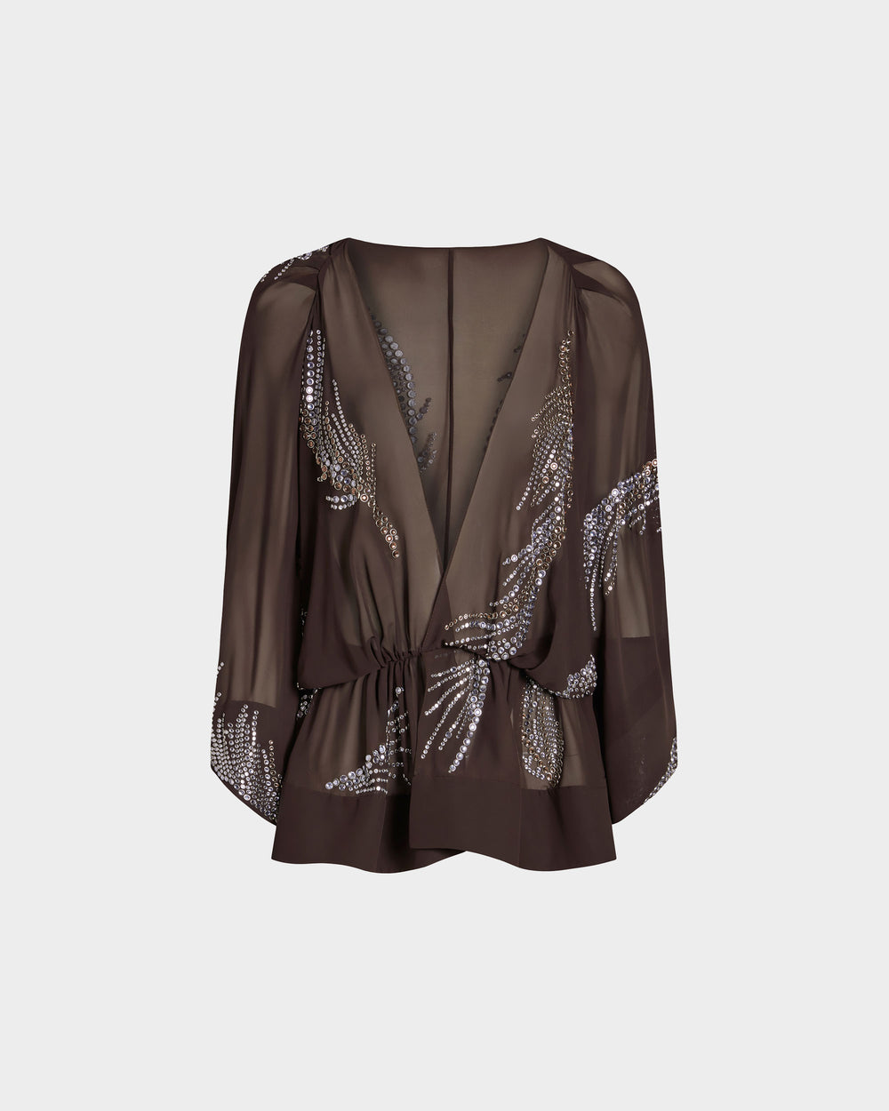 16Arlington Tula top with dark chocolate semi-sheer georgette and feather-patterned hot-fix crystal