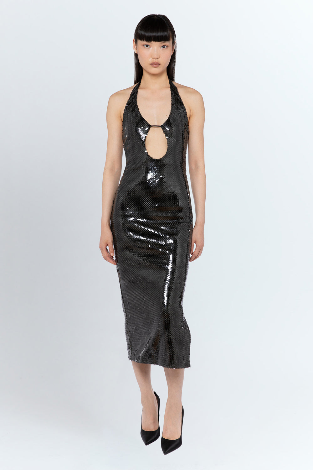 Sola Midi Dress In Dark Olive Mesh Sequin