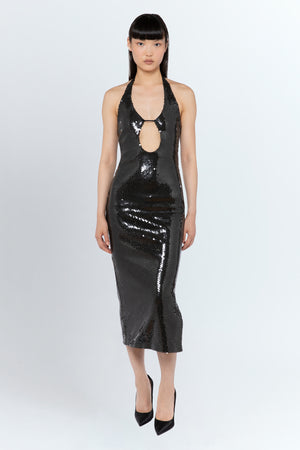 Sola Midi Dress In Dark Olive Mesh Sequin