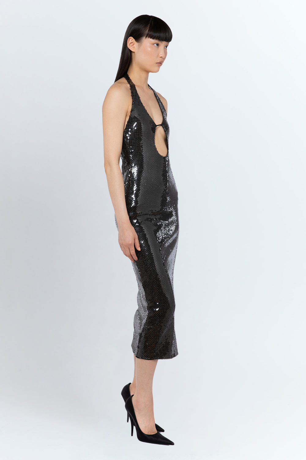 Sola Midi Dress In Dark Olive Mesh Sequin