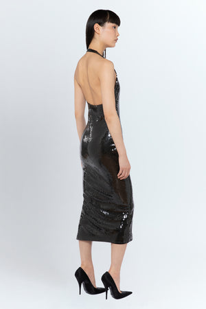 Sola Midi Dress In Dark Olive Mesh Sequin