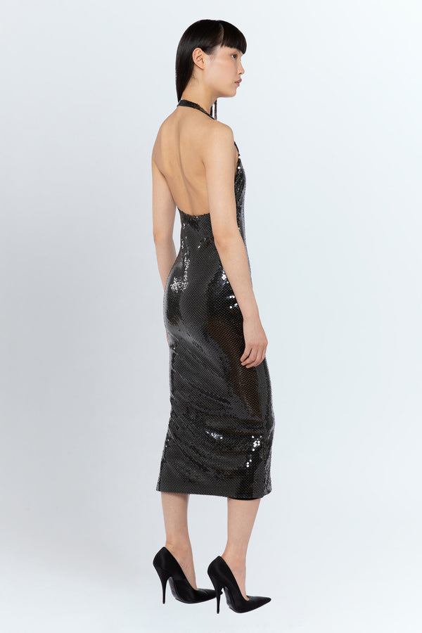 Sola Midi Dress In Dark Olive Mesh Sequin